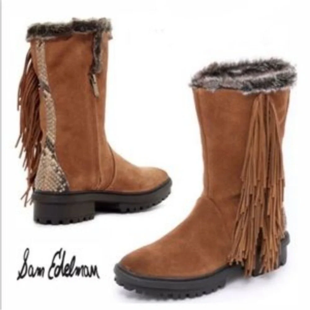 Sam Edelman Tilden Faux Fur Fringe Boots – Chestnut Suede w/ Snakeskin Trim